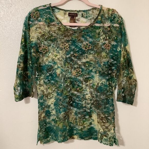 Multiples Fairycore Boho Floral Sheer Lace Mesh Beaded Sequin Fairy Blouse Small - Picture 1 of 10